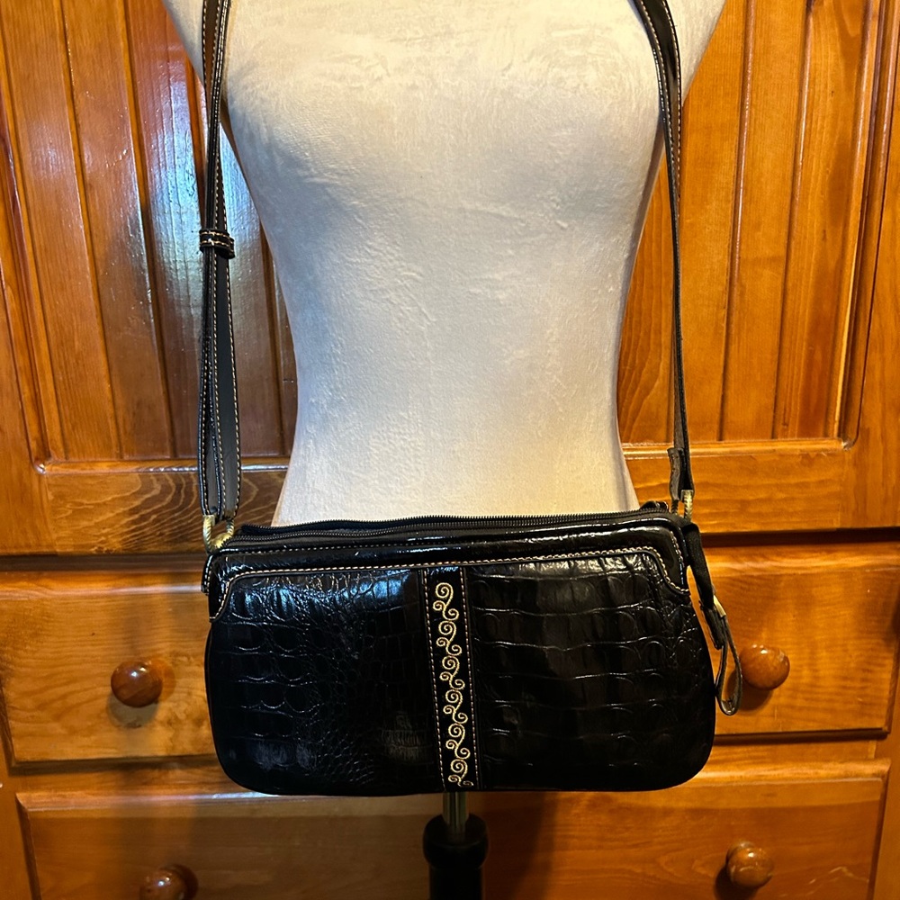 Madi Claire Shiny Black Crocodile Embossed Crossbody Bag.
